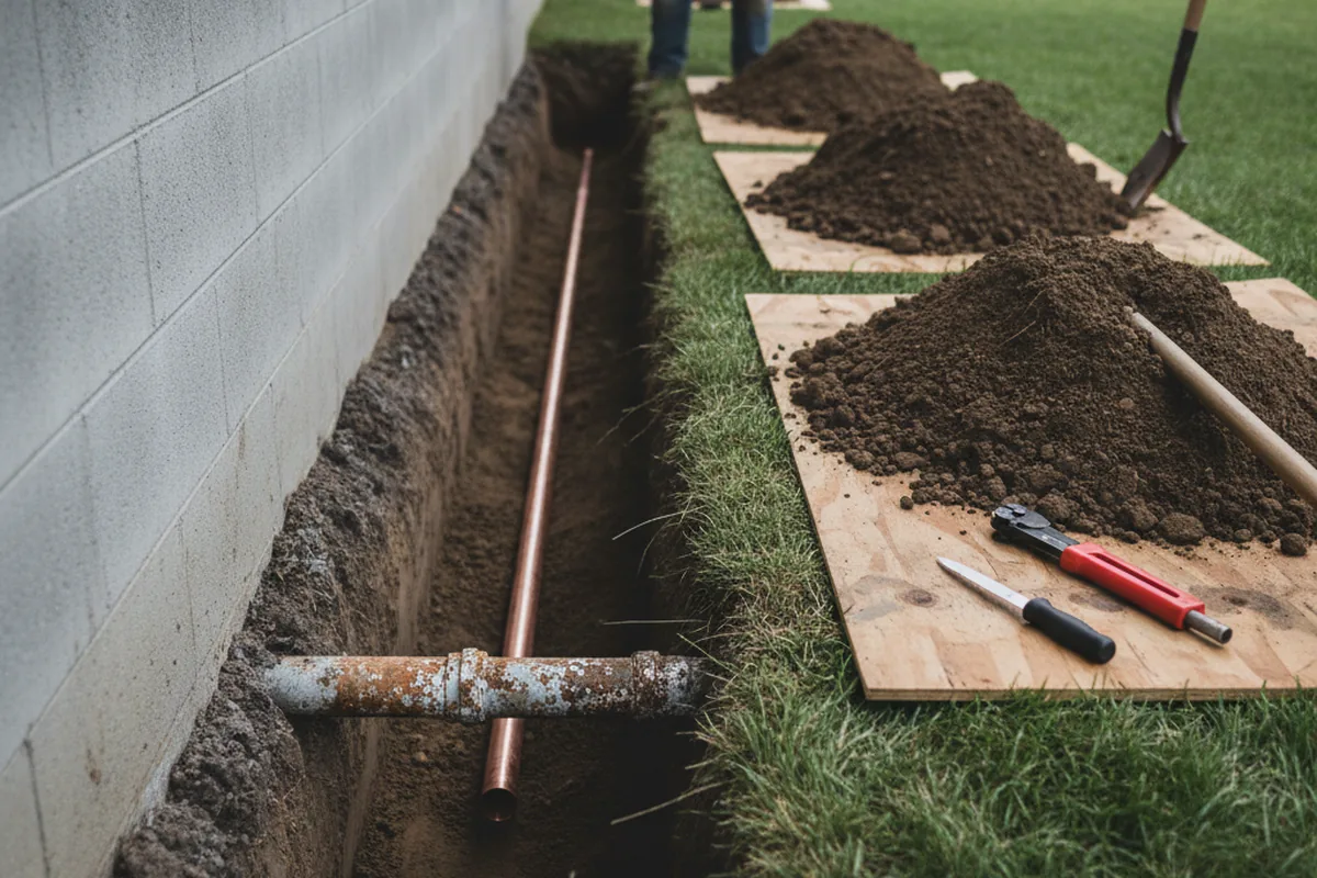 Excavated water line trench during Water Heater Repair in Okemos